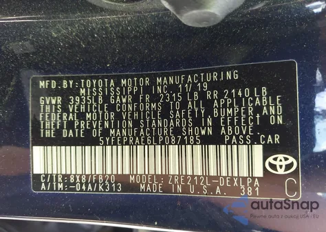 2020 Toyota Corolla Le z USA, uszkodzony, nr VIN 5YFEPRAE6LP087185